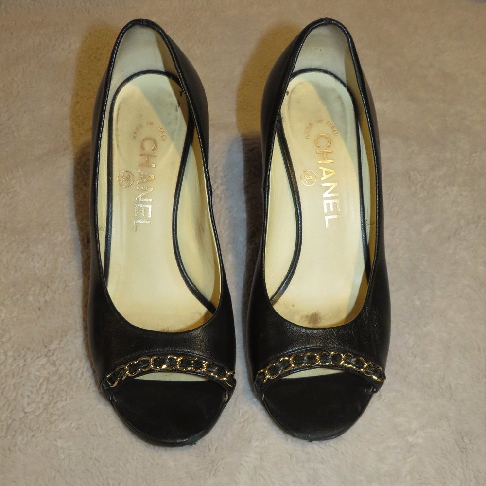Chanel Black Leather Open Toe Platform Heels US 6